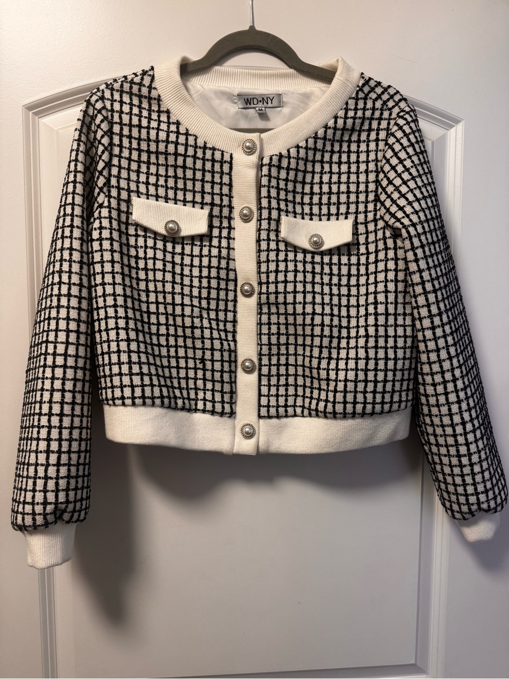 WD.NY Black and White Grid Cropped Cardigan